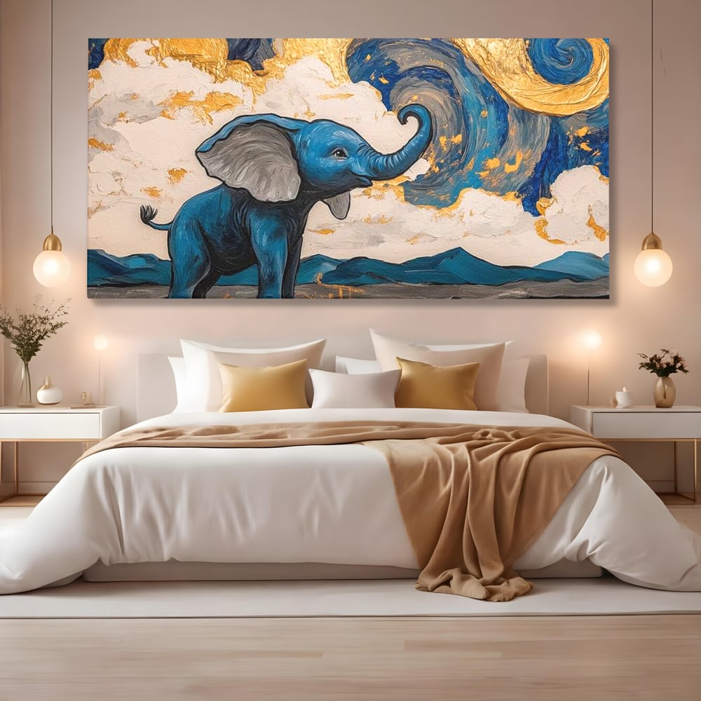 Tablou canvas cu tablou canvas cu elefant albastru, fara rama, pe sasiu de lemn, pe perete intr-un dormitor